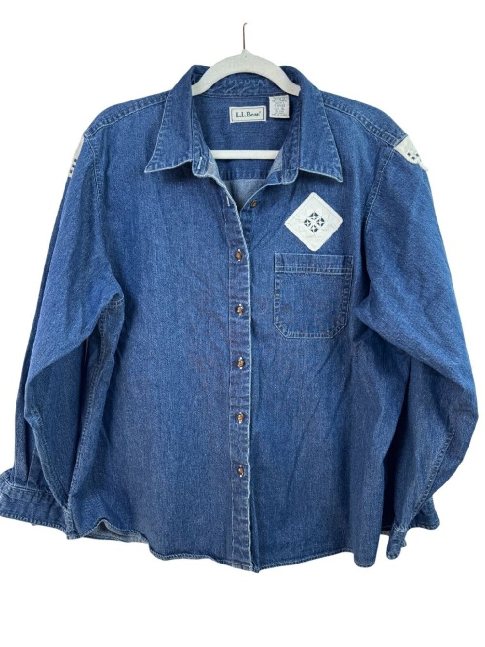 L.L. Bean Blue Denim Shirt Womens XL 100% Cotton Button Up Long Sleeve Western